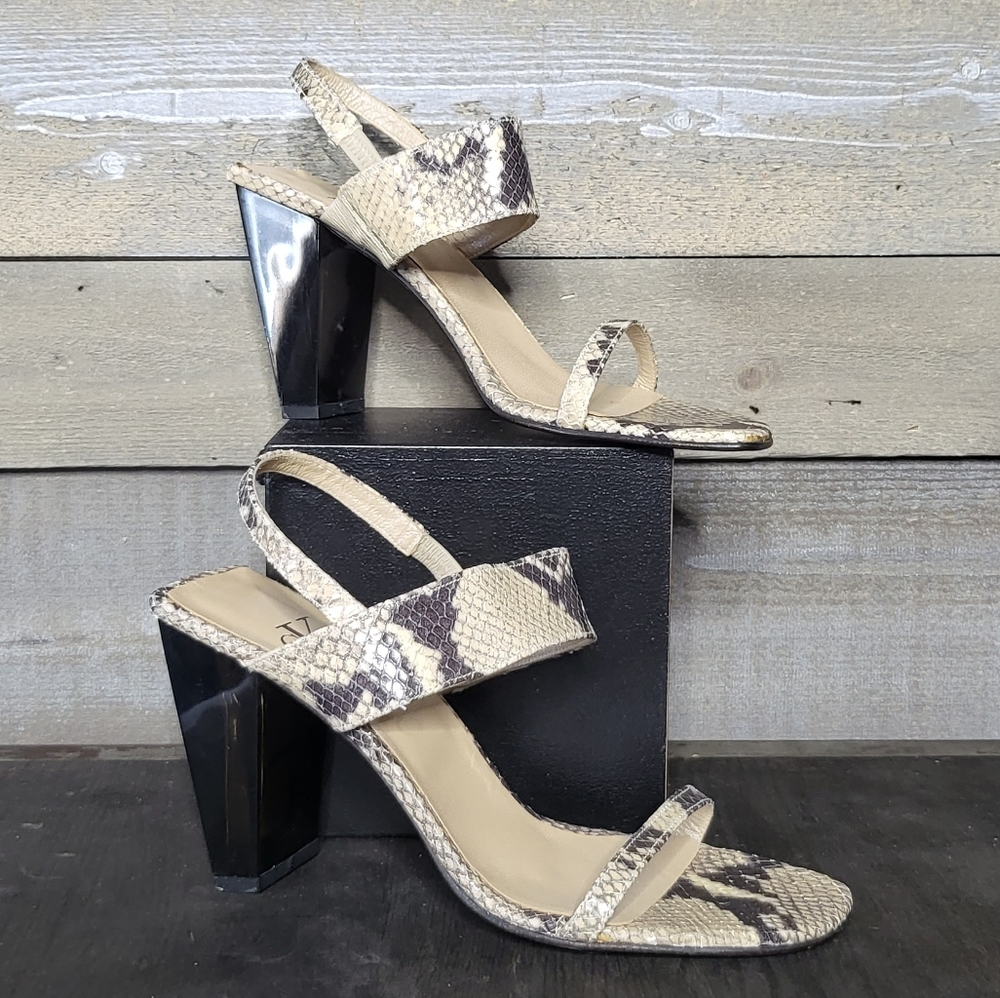 Calvin Klein Slingback Leather Snake Print Geometric Heel Sandals